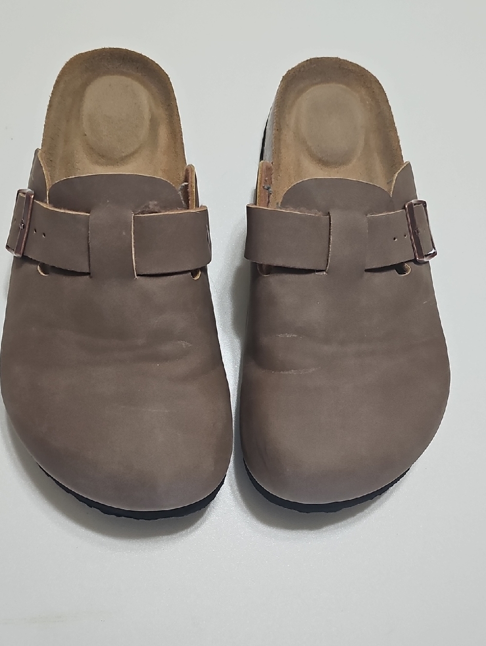 Men's Or Women's Unisex Brown Slip-On Leather Clogs with Buckle Detail
